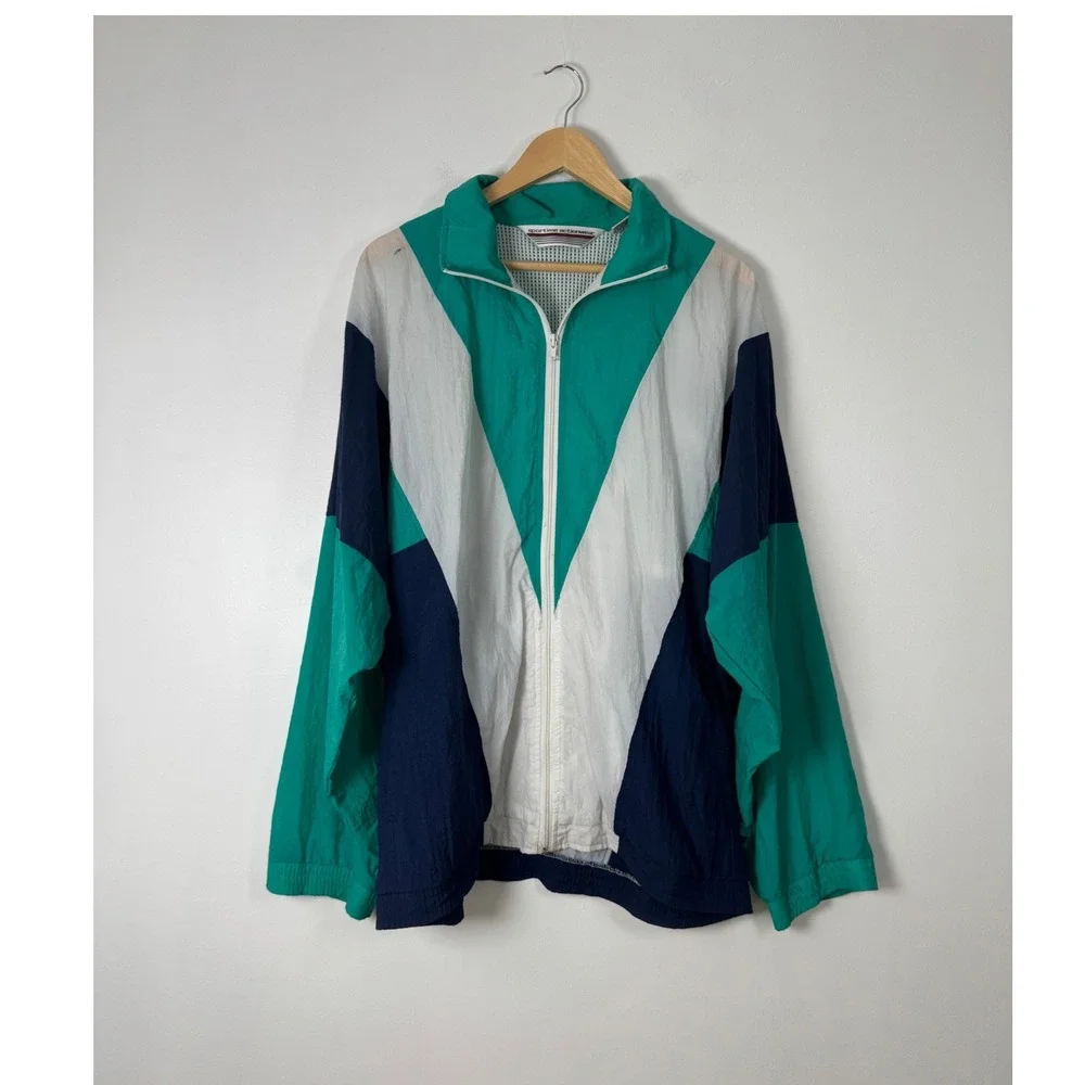 90s Sportime Actionwear Mens 2XLXT Windbreaker Teal White Navy Colorblock Jacket
